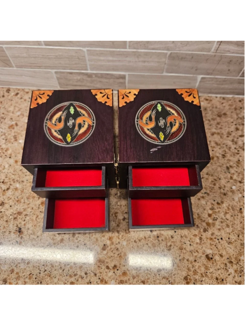 Collectible Korean wood metal inlay jewelry puzzle box